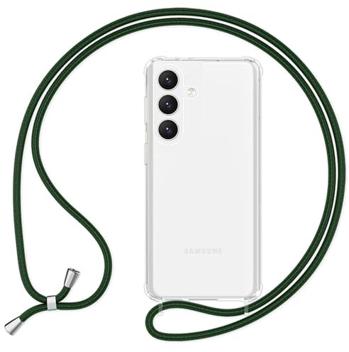 NALIA Klare Schutzhülle mit Kette kompatibel mit Samsung Galaxy S24 Plus Hülle, Transparente Handyhülle mit Umhänge-Band, Stabile Rückseite & Silikon-Rahmen mit verstärkten Ecken, Farbe:Dunkel Grün