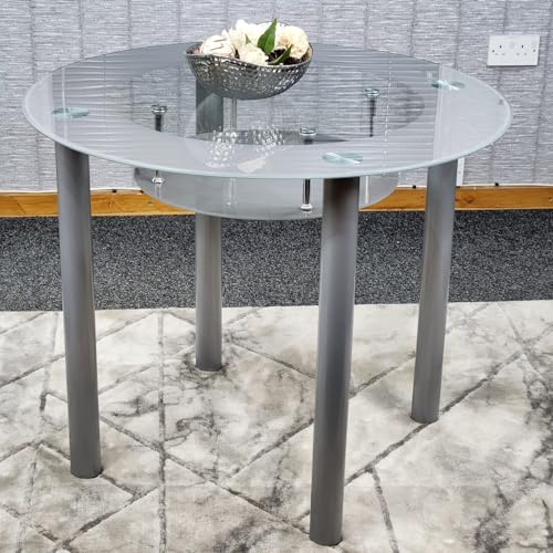Glass Round Dining Table Durable Space Saving Kitchen with Tempered Top Set | KOSY KOALA Glass Round Dining Table Durable Space Saving Kitchen Table with Tempered Glass Top Grey Small Dining 90x90x75 cm