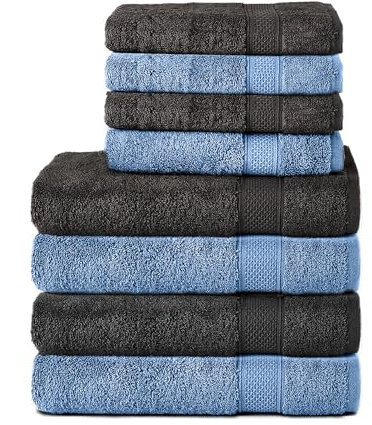 Komfortec 8er Handtuch Set aus 100% Baumwolle, 4 Badetücher 70x140 und 4 Handtücher 50x100 cm, Frottee, Weich, Towel, Groß, Schwarz/Hellblau