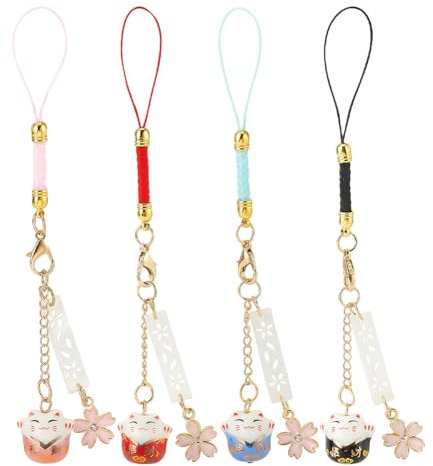 GOMAKERER 4pcs porte-Clés Chat Porte-Bonheur en Porcelaine, Breloques de Téléphone en Alliage Émail Sakura Chat Porte-Bonheur Pendentifs de Chat Porte-Bonheur de Style Japonais pour Sac de Voiture