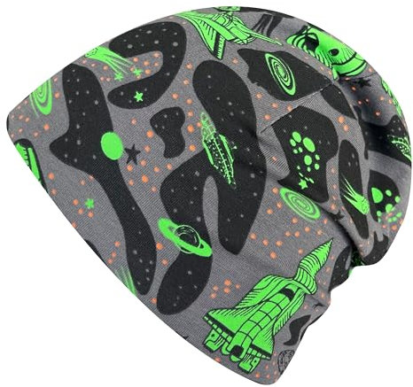 Wollhuhn Jungen/Mädchen Shorties Beanie/Kinder-Mütze Bequem Viele Motive Jersey Zweilagig Gefüttert Übergangszeiten (Öko-Stoffe/Bio) 2024202401 (Shorty Space Neon Grün, S)
