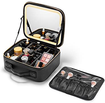 OWBIA Kosmetiktasche mit beleuchtetem Spiegel, Make up Tasche mit verstellbaren Trennwänden (Klein, Schwarz)