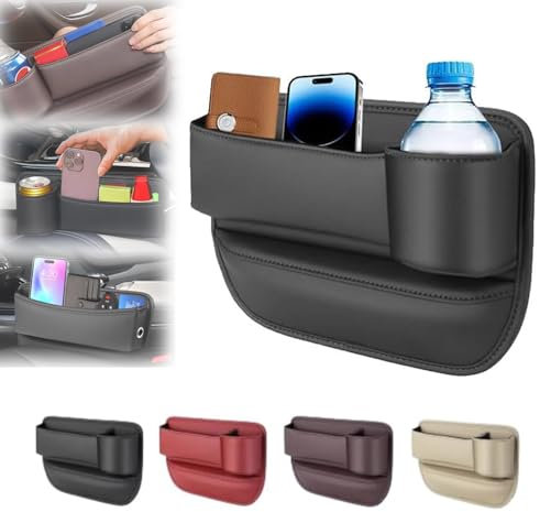 XIBHDN Car Leather Cup Holder Gap Bag, Car Seat Gap Filler Organizer, Leather Car Seat Storage Box, Car Seat Storage Box with Cup Holder (Black, Passenger Side)