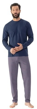 Mey Herren Schlafanzug lang 2-teilig Serie Red Tile | Langarm-Shirt mit Brusttasche, Unifarben, Rundhalsausschnitt, Lange Hose mit Minimal-Print, Gr. S-XXL