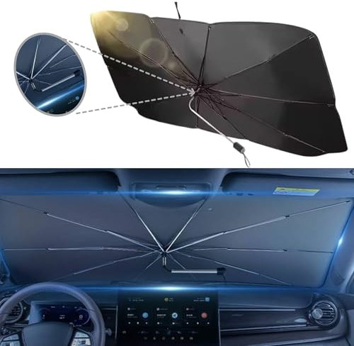 YNP - Paraguas parasol para coche, parabrisas interior delantero – Modelo 2024 con mango plegable – Accesorios para coche protección rayos UV – Parasol para coche 135 x 70 cm