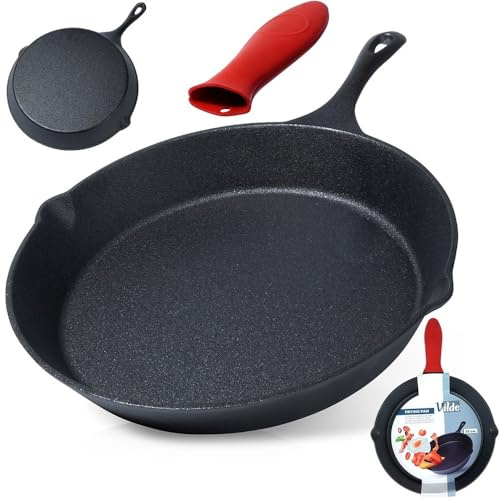 Vilde Gusseisenpfanne 30 cm - Vielseitige Gusseiserne Pfanne mit Rotem Silikongriffschutz - Ideal für Fleisch, Gemüse, Kartoffelgerichte - Induktion, Herd, Ofen, Grill - Robust, Langlebig