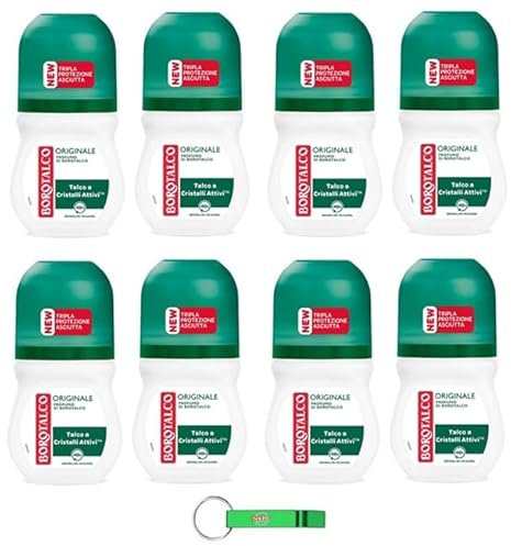 8x Borotalco Deodorante Deo Roll-On Originale,Dreifacher Schutz vor Schweiß und extra Trocken Effekt,50ml + Beni Culinari Kostenloser Schlüsselanhänger