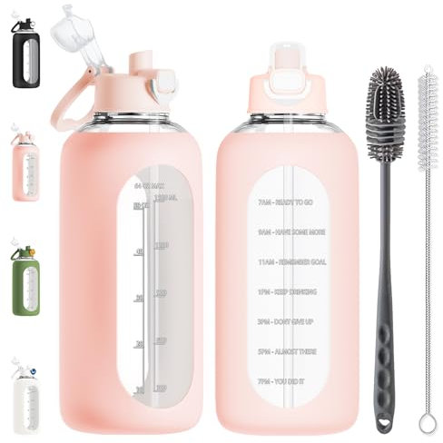 RNCKUUE Borraccia in vetro borosilicato da 2 litri con cannuccia, grande bottiglia in vetro borosilicato con custodia, pennello, rosa
