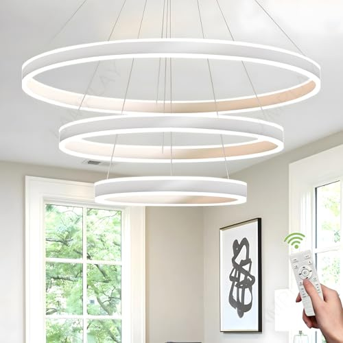 LAMPLAY Runde Moderne LED-Pendelleuchte, 3 Weiß Ring-Kronleuchter, Dimmbar Mit Fernbedienung 3000K-6000K Deckenleuchte, Höhenverstellbar, Foyer, Wohnzimmer, Schlafzimmer, Esszimmer(Ø60+80+100cm)