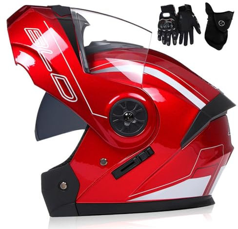 ARZARF Casco Moto Modulare con Doppia Visiera Parasole, Casco Integrale Moto per Uomo E Donna, Omologato ECE Casco (Rosso, S=55-56cm)