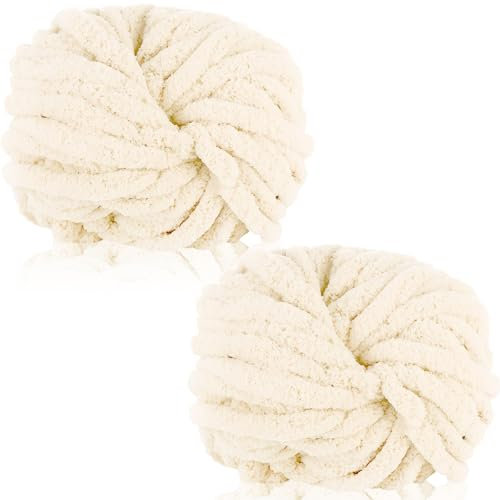 Duscdesp 500g(2 x 250g) Dicke Wolle Garn, Chenille Chunky Wolle Weiche Armstricken Wolle zum Stricken und Häkeln XXL Chenille Wolle Yarn für Decken, Kissen, Schals, Mützen (Beige)