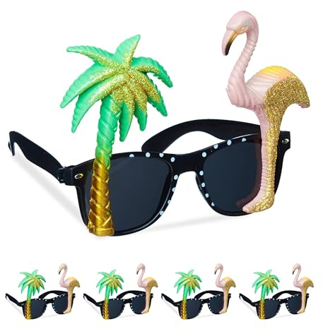 Relaxdays Partybrille 5er Set, Faschingsbrille für Party, bunt | Karneval und Festival, aus Kunststoff, Flamingo & Palme