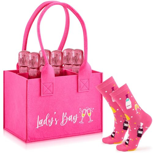 Jadive Prosecco Damen Handtasche Lady's Bag Filztasche für 6 Flaschen Flaschentasche Flaschenkorb Lustige Socken Flaschenträger Einkaufstasche Geschenke für Frau Freundin Mädelsabend