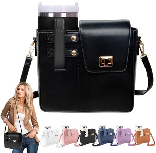 Zilchx Tasche für Stanley Cup, Wasserflasche Tragetasche mit Handyfach und Verstellbarem Schultergurt, Handtasche mit Getränkehalter, Stanley Cup Zubehör zum Wandern Laufen Radfahren, Schwarz