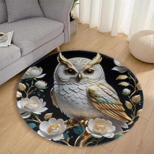 WANAHTON Teppich flauschig rund 3D-Teppich Runder Teppich mit Eule auf schwarzem rutschfest, bequem Teppich Eule, rund für Wohnzimmer, Schlafzimmer 100 cm