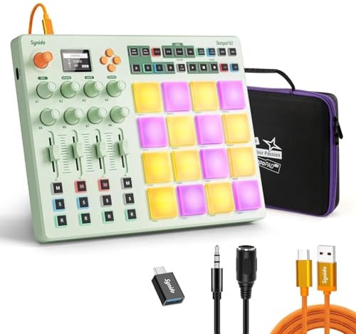 Synido Wireless MIDI Pad Controller, USB Rechargeable Beat Maker Machine for Music Production Professional with 16 RGB Beat Pad, OLED Screen, 16 Step Sequencer, MIDI In/Out/Thru