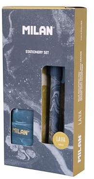 MILAN® Geschenkbox, Serie Lava, mit Kugelschreiber P1, Druckbleistift PL1 0,5 mm HB und Spitzer, Blau