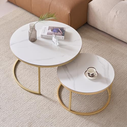 JZGORC 2er-Set Runder Couchtisch, Beistelltisch aus Weißem Marmor Sinterstein für das Wohnzimmer, Nordischer Couchtisch – Goldfarbener Metallrahmen