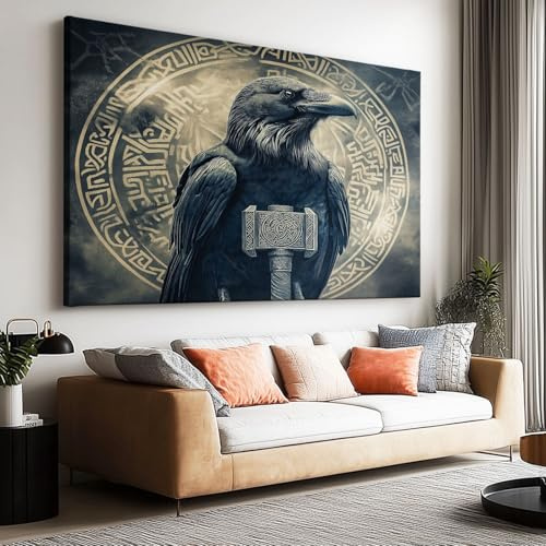 Großes Leinwandbild Wandbild Nordische Mythologie Rabe Thors Hammer auf Leinwand Wandkunst Modern Aesthetic XXL Kunstdruck Deko für Wohnzimmer Schlafzimmer Geschenk 160x80cm