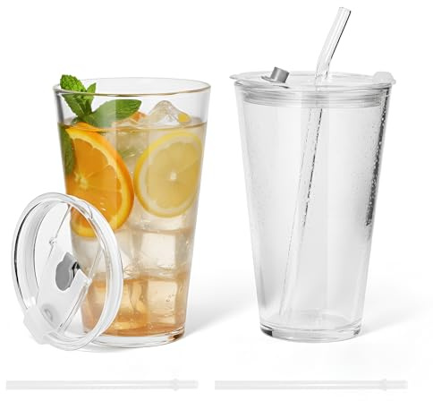 AGH life 400 ML Reusable Iced Coffee Cup with Leakproof Lids and Glass Straws,Bubble Tea Cup, Clear Matcha Glass Drinking Glasses, Glass Cup Smoothie Cup for Coffee, Milk, Yoghurt, Juice (2 PCS)