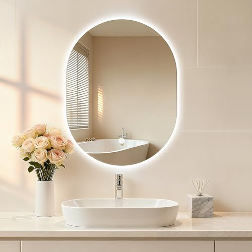 Srtvietae Bathroom Mirror with LED Lights, 400×600mm Electric Vanity Mirror with Backlit Lights, Oval, Wall Mounted Dimmable 3 Color Lighting, IP54, Vertically Only