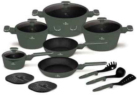 Berlinger Haus 15-teiliges Kochgeschirr-Set mit Titanbeschichtung in Mattem Grün - Antihaft, langlebig, für alle Herdarten geeignet, inkl. Töpfe und Pfannen