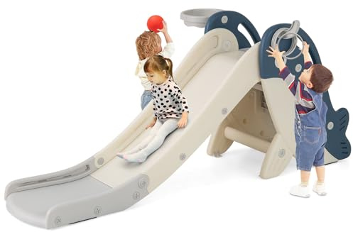 GOPLUS Kinder Rutsche, 4 in 1 Kinderrutsche mit Basketballkorb, Kletterleiter, Ringwurf, Spielgerät mit Ringen, Basketball, faltbare Baby Rutsche für Kinder ab 3 Jahren, Gartenrutsche für Indoor, Outd