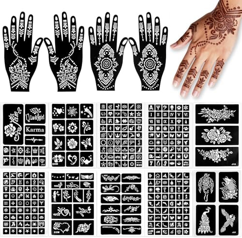 14 Blatt Henna Schablonen, 281 Stück Temporäre Henna Tattoo Schablonen, Indische Arabische Hannah Tattoo Set für Frauen Mädchen Teens Haut Art Paint