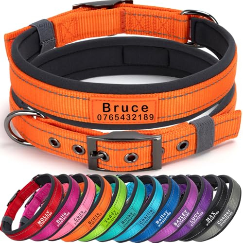 SEOUGEE Personalisiertes Hundehalsband mit Namen und Telefonnummer, strapazierfähige Metallschnalle, ultrabreites, weiches Neopren gepolstert, verstellbares, reflektierendes Hundehalsband für kleine