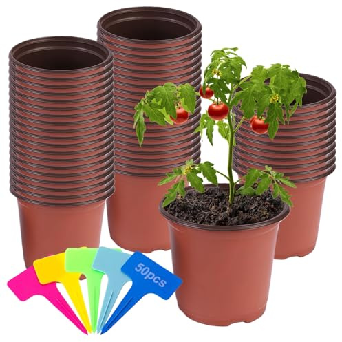 Richaa 50 Pcs Plastic Plant Pots, Seedling Pots with Drainage Holes & 50 Pcs Plants Labels, 12cm Small Plant Pots for Seedlings Flowers, Vegetable, Succulent