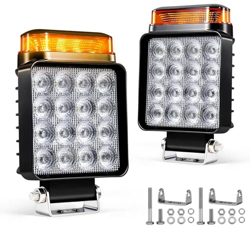 LED Arbeitsscheinwerfer mit Warnlicht Gelb, 12V 24V Traktor LKW, 2er-Set | 10 Blitzmodi, IP68 Wasserdicht, Speicherfunktion, 6500K Flutlicht, Edelstahlhalterung, fuer Bagger