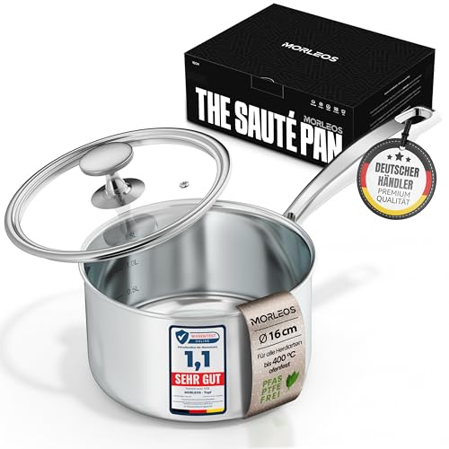 MORLEOS Stielkasserolle Edelstahl - 1,7 Liter, Ø 16x10 cm, 1,3 kg - mit modernem, flachem Glasdeckel - energiesparender kleiner Topf aus 5-Schichten - Induktion