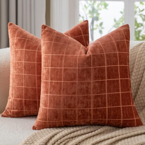 Mandioo 2er Set Kissenbezug 40x40 cm Chenille Plaid Dekorativer Kissenbezüge mit weicher Samtrückseite Kissenhüllen sofakissen dekokissen Farmhaus Sofa Bett Schlafzimmer Wohnzimmer Ziegelrot
