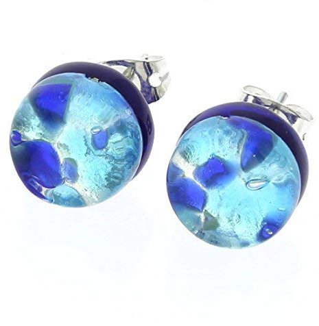 Glass Of Venice Murano-Glas-Ohrstecker – 3/8 Zoll runde Ohrstecker, blau gefüttert mit Blattsilber. Geblasenes Glas – Ohrringe aus Muranoglas für Damen, handgefertigt in Italien