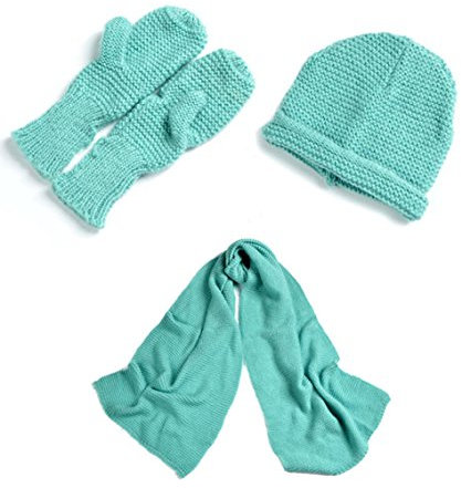Damen Strickset aus 90 % Mohair und 10 % Baumwolle, Schal, Mütze, Handschuh, einfarbig, türkis, One size