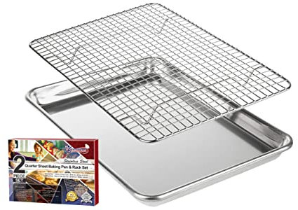 KITCHENATICS Aluminio Bandeja para Asar y Hornear con Acero Inoxidable Rejilla de Alambre: Bandeja para Horno con Rejilla de Enfriamiento - 24,4 cm x 33,02 cm