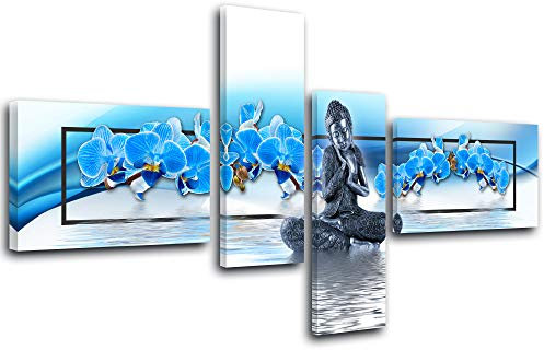 DECLINA Tableau Bouddha et Orchidée imprimé - Impression sur Toile décoration Murale Zen - Déco Maison, Cuisine, Salon, Chambre Adulte - Turquoise 130x65 cm