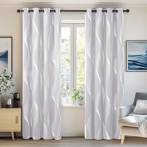 Deconovo Verdunkelung Vorhang, Thermo Gardinen, Fenstervorhang für Schlafzimmer, Ösenvorhang mit Ösen, 138x132 cm(HöhexBreite), Silber Grau, 2er Set