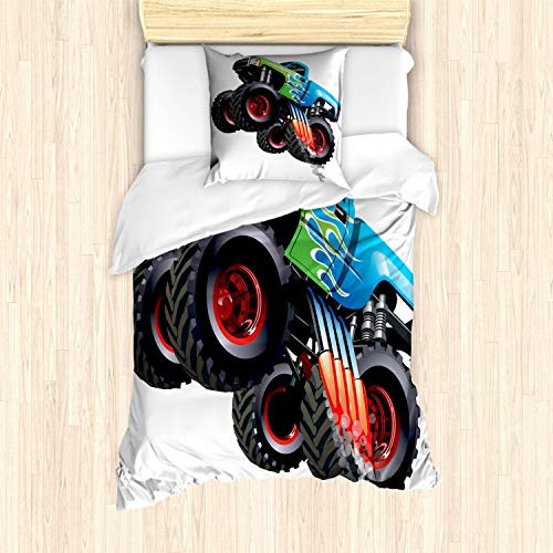 ABAKUHAUS Autos Bettbezug Set für Einzelbetten, Monster Truck Cool Cartoon, Milbensicher Allergiker geeignet mit Kissenbezug, Aqua Grün Schwarz