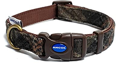 Ancol Country Check Adjustable Dog Collar for Dogs and Puppies - Brown Nylon Base with Country Inspired Fabric - Snap Buckle Fastening - Size Large 45-70cm