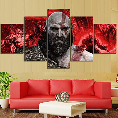 Myrdsio Kunstdrucke Gemälde 5 Teilig Leinwanddrucke,Wand Für Zuhause Leinwand Malerei Wohnzimmer Wohnung Deko Modulare Bilder God of War Kratos Spiel Hd Gedruckt Poster, Mit Rahmen 150X80Cm