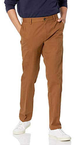 Amazon Essentials Pantalon Chino à Coupe Ajustée sans Pinces et Infroissable Homme, Brun Kaki Foncé, 34W / 32L