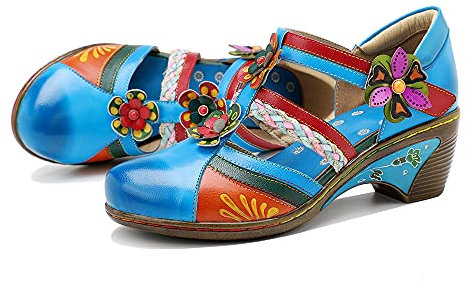 CrazycatZ Damen Leder Mary Jane Halbschuhe Blockabsatz Bunte Schuhe Jahrgang Halbschuhe (Blue, Numeric_40)
