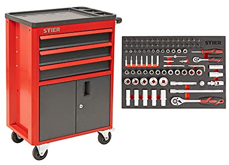 STIER Werkstatt- und Schrankwagen mit 3 Schubladen, bestückt 92-teilig, Werkzeuge in Weichschaumeinlage (Eva), Tragkraft 200kg