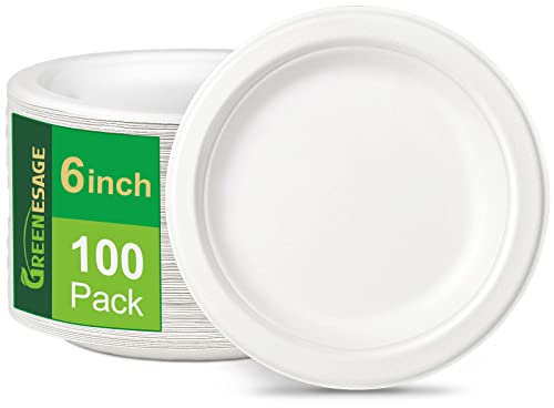 GREENESAGE Rigid 6 inch 100 Pack Heavy Duty Disposable Paper White Plates Sugarcane Small Disposable Plates Strong Dishes for Picnic Wedding Party BBQ