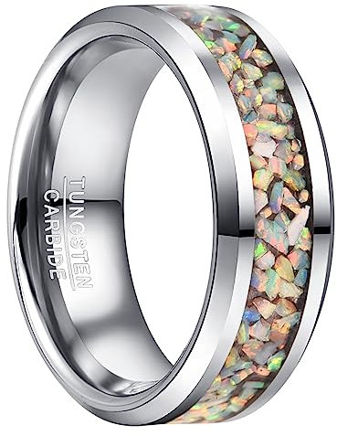 Vakki Wolfram Ring,8mm wolframcarbid ring herren männer mit Feuer opal für Ehering, Partnerringe,Geburtstag, Größe 57(18.1)