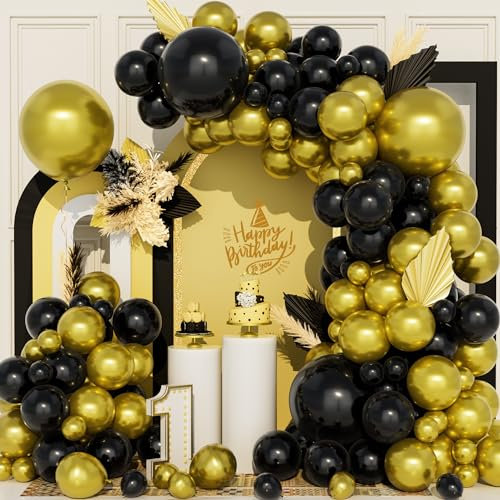 Ousuga Balloon Arch Kit - Black and Gold Balloons, 111 Pcs Metallic Gold and Black Latex Balloons Garland Arch for Graduation Anniversary Birthday New Years Eve Party Decorations