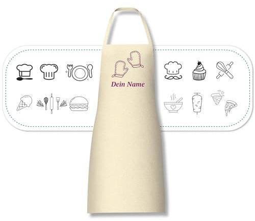 Schürze personalisiert mit Motiv & Wunschtext bestickt - Individuell personalisierte Kochschürze aus hochwertiger Baumwolle als besonderes Geschenk (Beige)