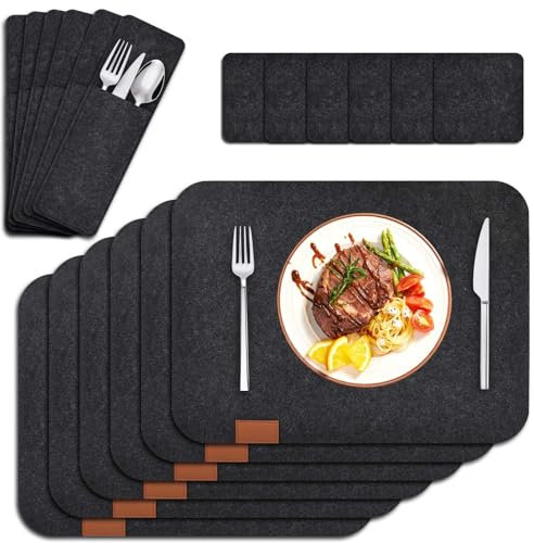 18 er Set Tischset Platzset, 41x30cm Eckige Platzdeckchen, Abwaschbar Platzsets aus Filz, Placemat mit Glasuntersetzer und Bestecktaschen, Hitzebeständig Tischsets für Küche, Speisetisch (Dunkelgrau)