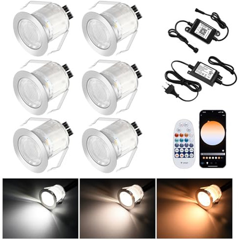 SUBOSI 6 pezzi wifi intelligente dimmerabile 3000k - 6000k 0.6W faretto incasso lampada da terra per alexa, Google home, Ø30mm IP67 impermeabile LED faretto da incasso esterno, con telecomando